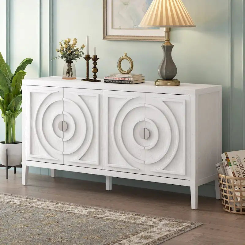 Retro dvířka příborníku s kruhovým drážkovaným designem a kulatou kovovou úchytkou - 60L x 16W x 32H