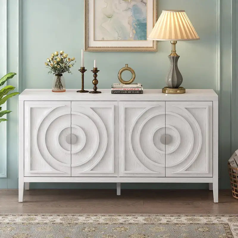 Retro dvířka příborníku s kruhovým drážkovaným designem a kulatou kovovou úchytkou - 60L x 16W x 32H