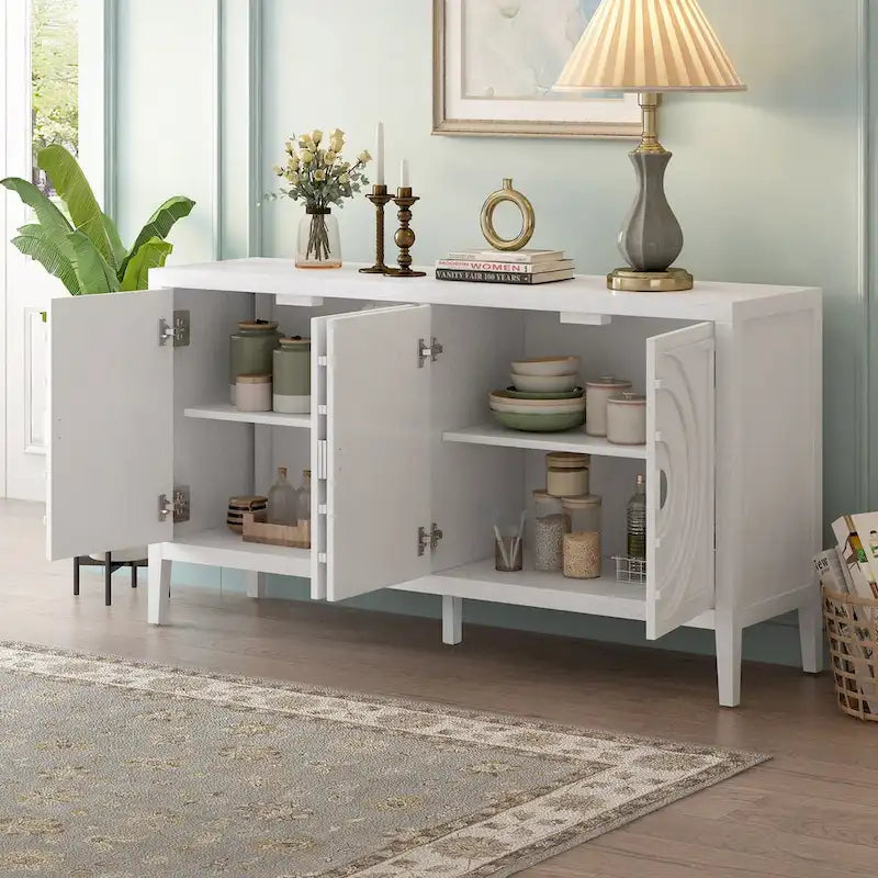 Retro dvířka příborníku s kruhovým drážkovaným designem a kulatou kovovou úchytkou - 60L x 16W x 32H