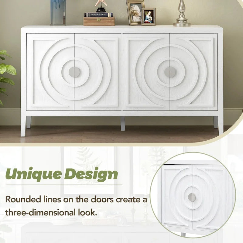 Retro dvířka příborníku s kruhovým drážkovaným designem a kulatou kovovou úchytkou - 60L x 16W x 32H