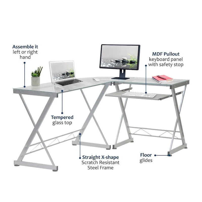 Deluxe Tempered Glass L-shaped Computer Desk
