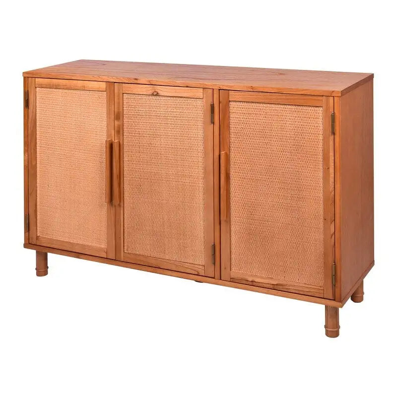 Light Blond 3 Door Storage Cabinet with Natural Woven Rattan Panels