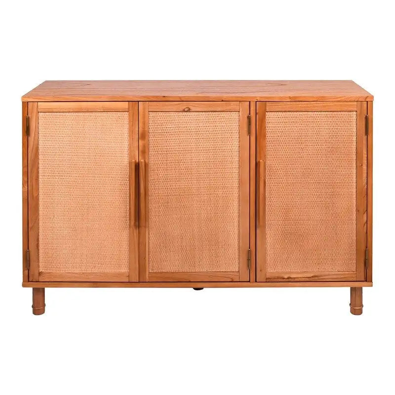 Light Blond 3 Door Storage Cabinet with Natural Woven Rattan Panels