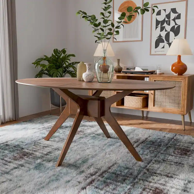 Mid-Century Walnut Oval Wood Dining Table