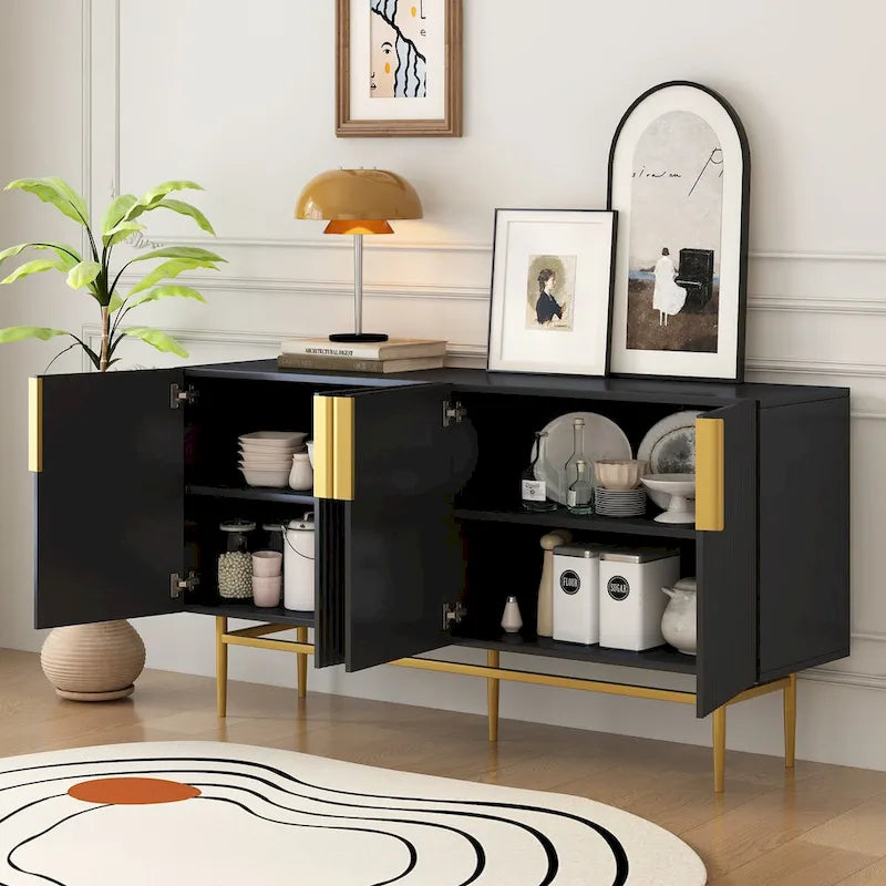 4-door Sideboard Buffet Cabinet with Gold Metal Handle - 60L x 15.2W x 31.5H