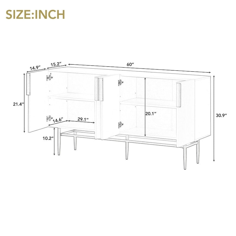 4-door Sideboard Buffet Cabinet with Gold Metal Handle - 60L x 15.2W x 31.5H