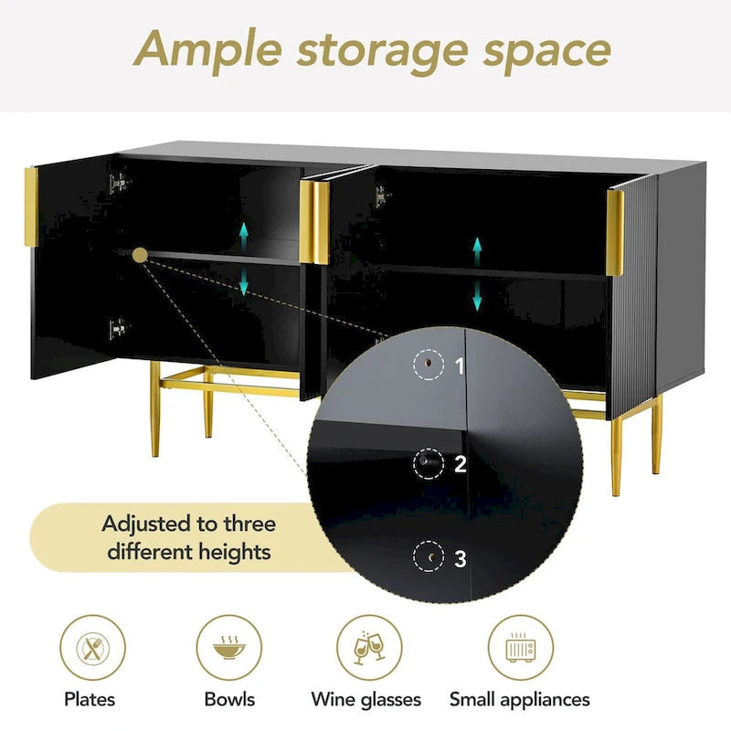 4-door Sideboard Buffet Cabinet with Gold Metal Handle - 60L x 15.2W x 31.5H
