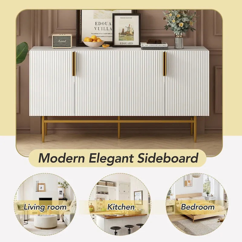 4-door Sideboard Buffet Cabinet with Gold Metal Handle - 60L x 15.2W x 31.5H