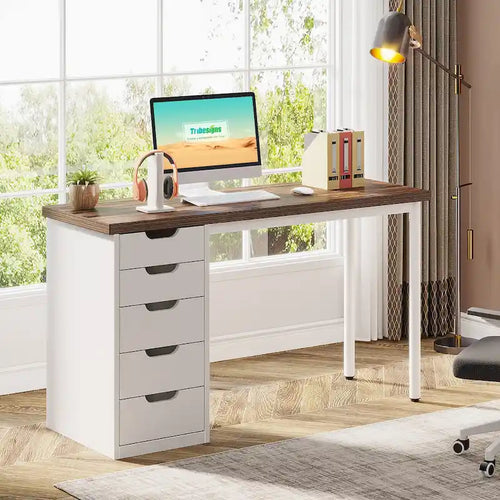 47 inch Computer Wood Desk Office Desks with 5-Drawer, Writing Desk with Metal Frame for Bedroom Study