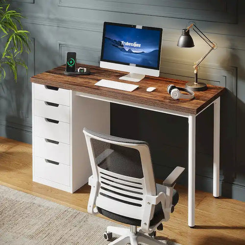 47-Zoll-Computerschreibtisch aus Holz mit 5 Schubladen, Schreibschreibtisch mit Metallgestell für Schlafzimmer oder Arbeitszimmer
