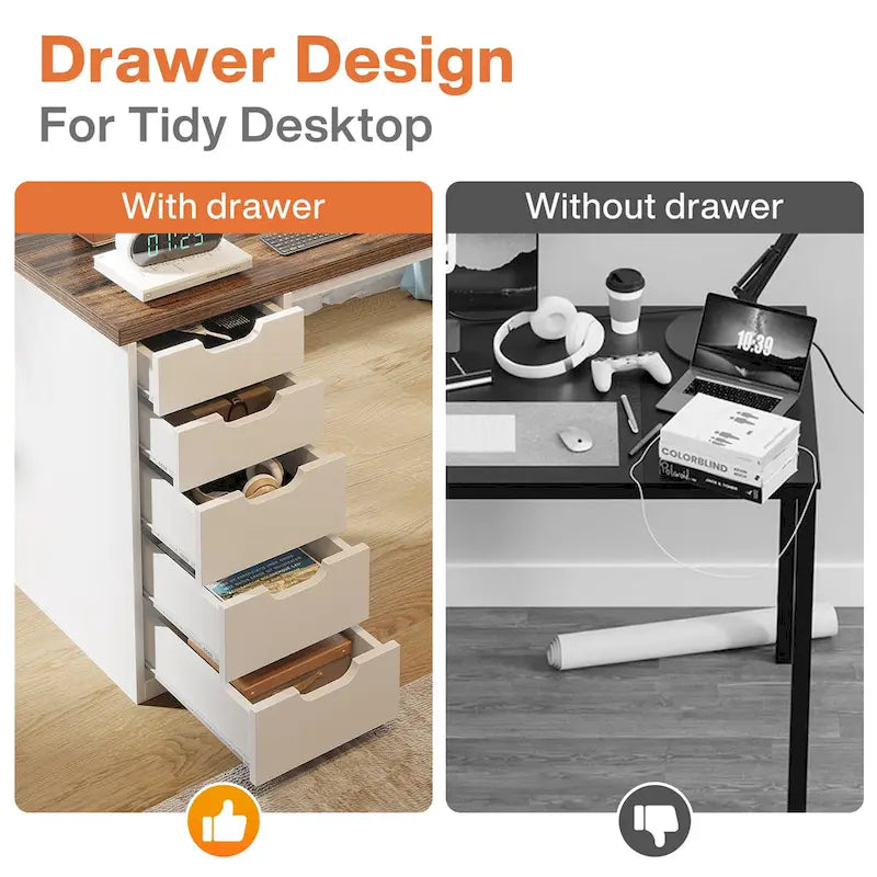 47 inch Computer Wood Desk Office Desks with 5-Drawer, Writing Desk with Metal Frame for Bedroom Study