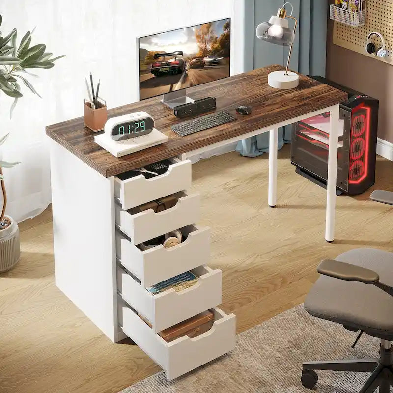47 inch Computer Wood Desk Office Desks with 5-Drawer, Writing Desk with Metal Frame for Bedroom Study