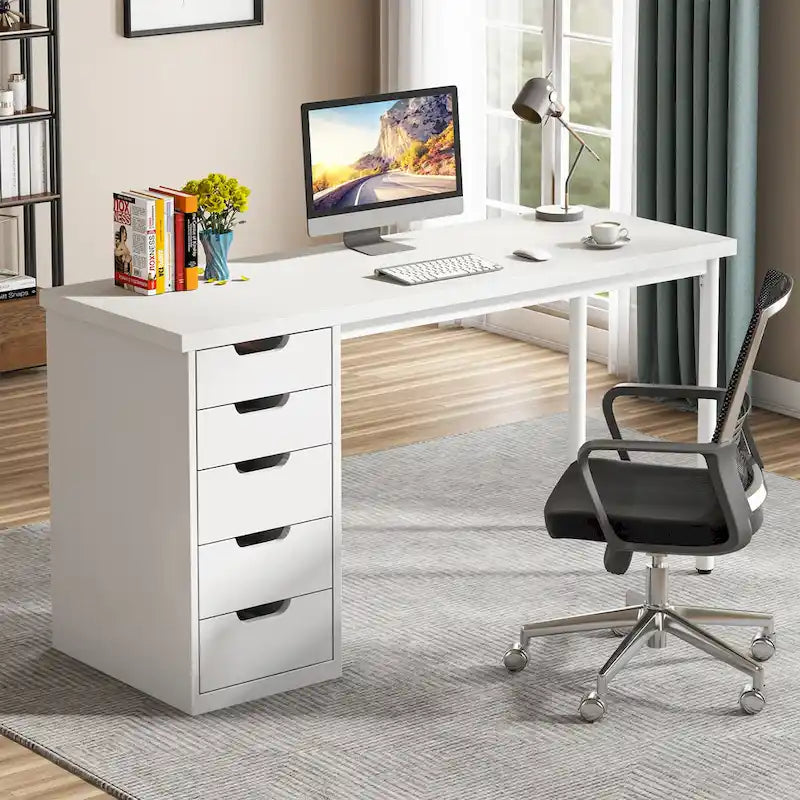 47 inch Computer Wood Desk Office Desks with 5-Drawer, Writing Desk with Metal Frame for Bedroom Study