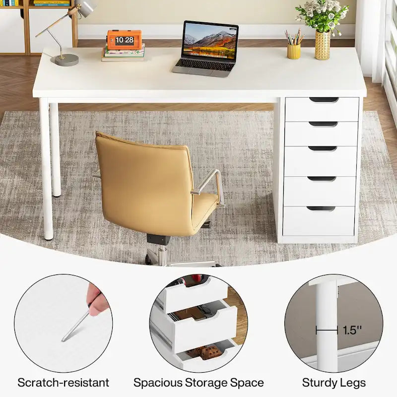 47 inch Computer Wood Desk Office Desks with 5-Drawer, Writing Desk with Metal Frame for Bedroom Study