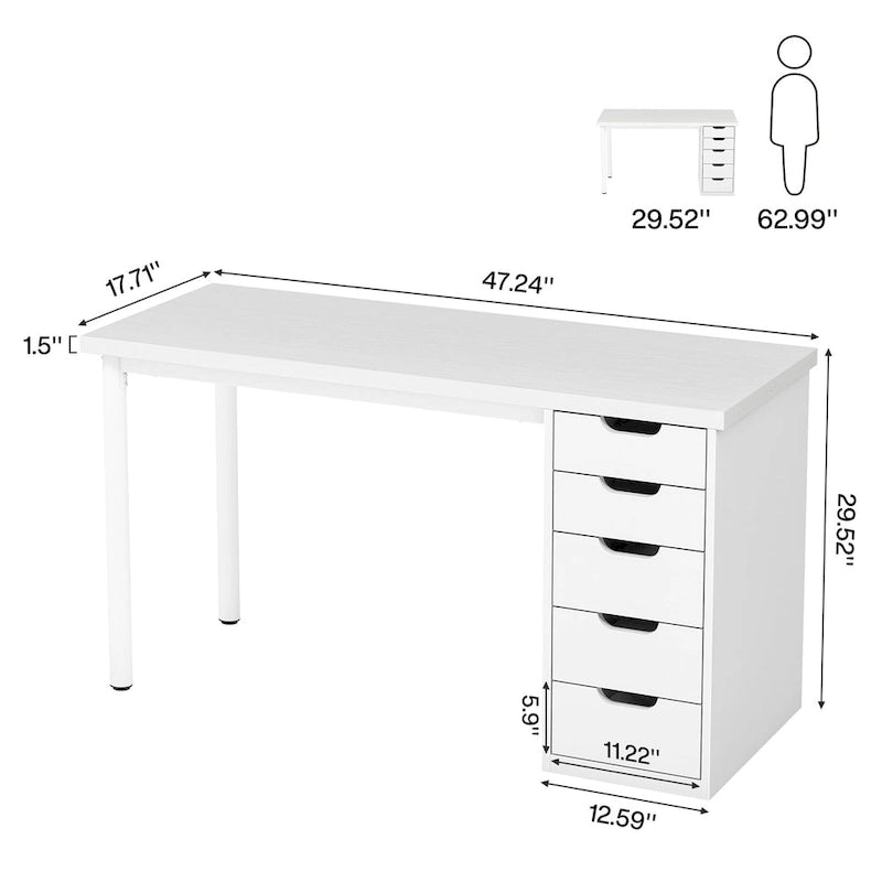 47 inch Computer Wood Desk Office Desks with 5-Drawer, Writing Desk with Metal Frame for Bedroom Study