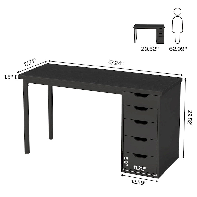 47 inch Computer Wood Desk Office Desks with 5-Drawer, Writing Desk with Metal Frame for Bedroom Study