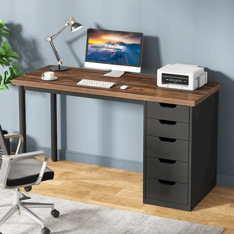 47 inch Computer Wood Desk Office Desks with 5-Drawer, Writing Desk with Metal Frame for Bedroom Study