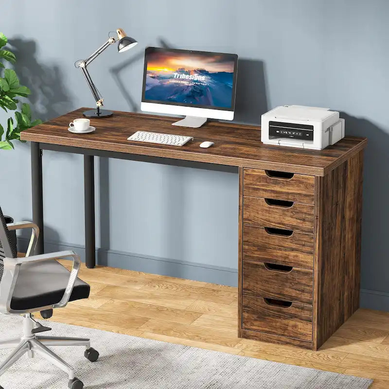 47 inch Computer Wood Desk Office Desks with 5-Drawer, Writing Desk with Metal Frame for Bedroom Study