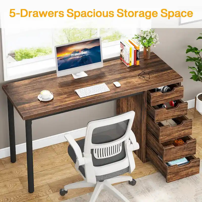 47 inch Computer Wood Desk Office Desks with 5-Drawer, Writing Desk with Metal Frame for Bedroom Study