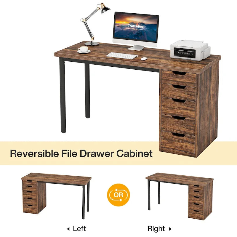 47 inch Computer Wood Desk Office Desks with 5-Drawer, Writing Desk with Metal Frame for Bedroom Study