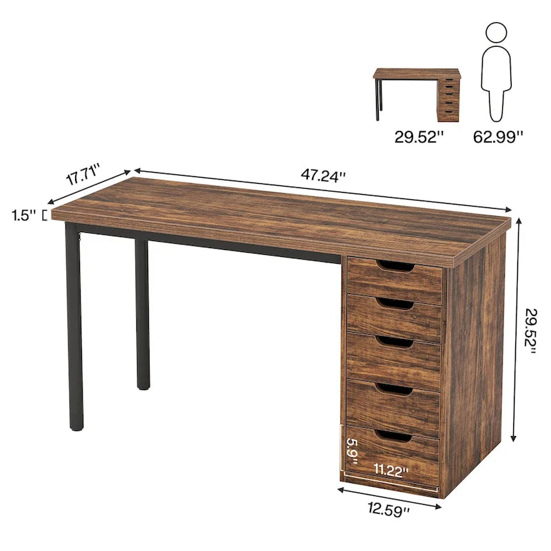 47 inch Computer Wood Desk Office Desks with 5-Drawer, Writing Desk with Metal Frame for Bedroom Study