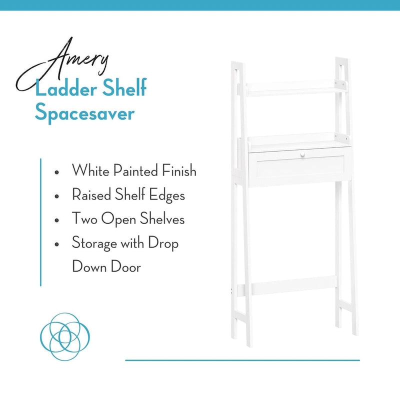 Over the Toilet Bathroom Spacesaver with Drop Down Door and Open Shelves - White