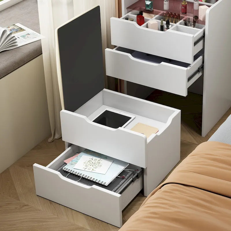 3 in 1 Vanity Desk with Plip Top Mirror,Small Make Up Vanity Set with Visible Glass Desktop,3 Drawers,Cushioned Tool