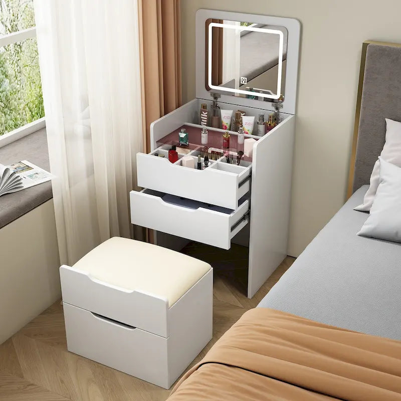 3 in 1 Vanity Desk with Plip Top Mirror,Small Make Up Vanity Set with Visible Glass Desktop,3 Drawers,Cushioned Tool