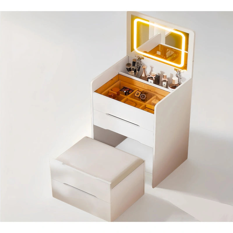 3 in 1 Vanity Desk with Plip Top Mirror,Small Make Up Vanity Set with Visible Glass Desktop,3 Drawers,Cushioned Tool