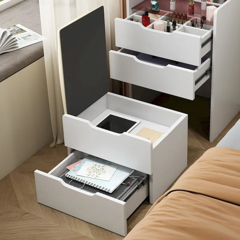 3 in 1 Vanity Desk with Plip Top Mirror,Small Make Up Vanity Set with Visible Glass Desktop,3 Drawers,Cushioned Tool