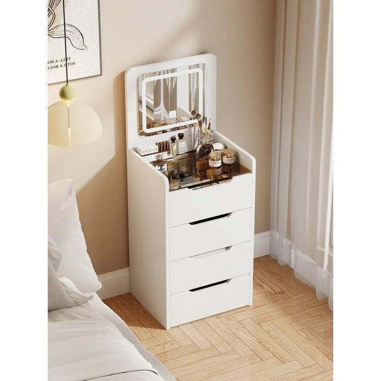 3 in 1 Vanity Desk with Plip Top Mirror,Small Make Up Vanity Set with Visible Glass Desktop,3 Drawers,Cushioned Tool