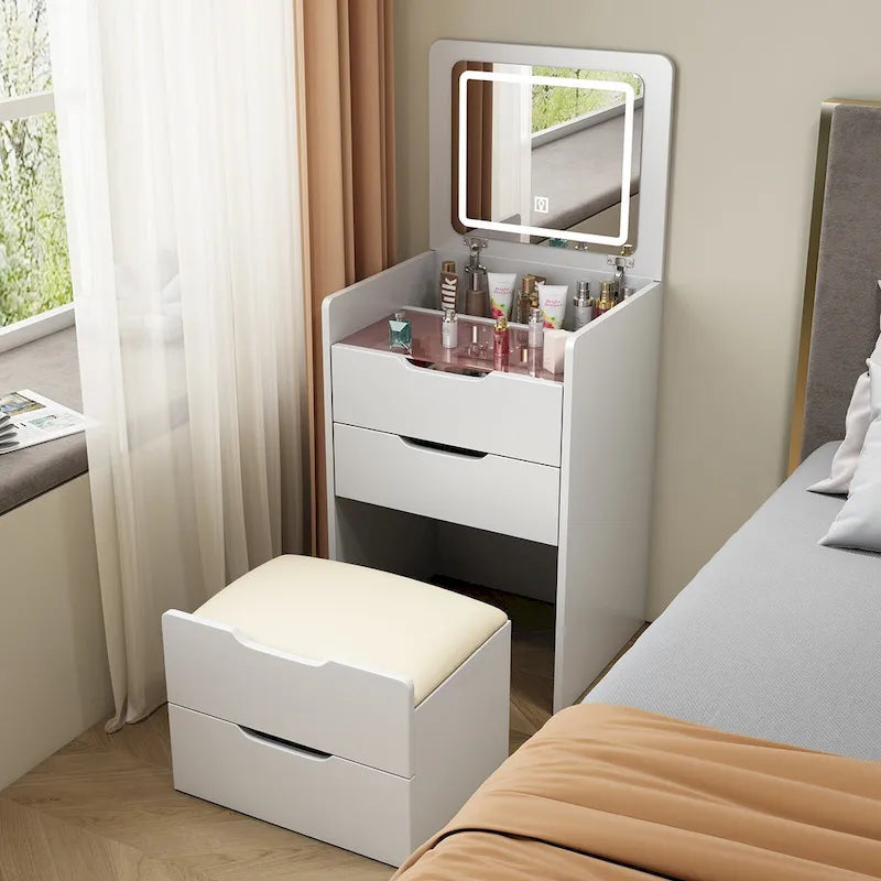 3 in 1 Vanity Desk with Plip Top Mirror,Small Make Up Vanity Set with Visible Glass Desktop,3 Drawers,Cushioned Tool